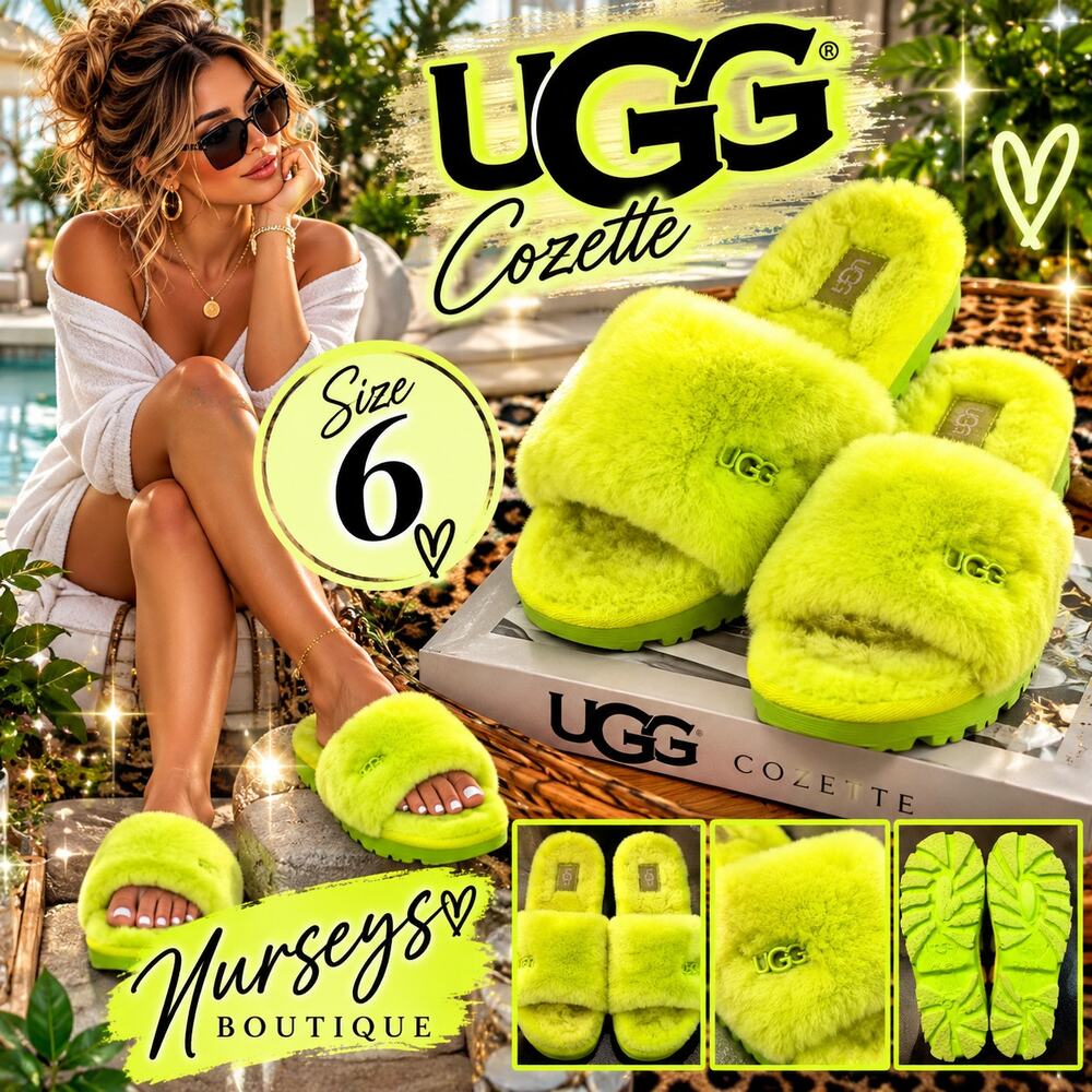 - UGG Cozette 1100892 Electric Lime Sheepskin Slide Slippers Women 6 Neon